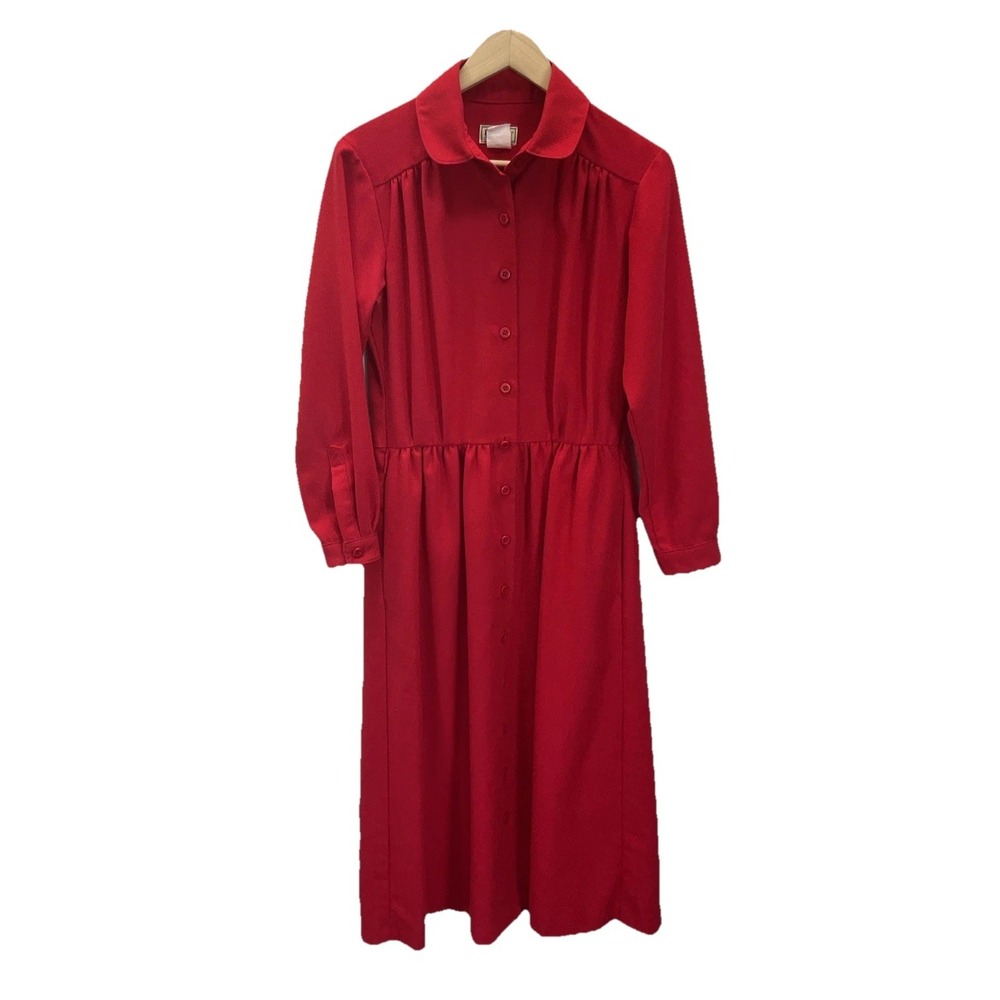 VTG LL Bean Sz SM Red‎ Maxi Dress Button Front USA Modest Prairie